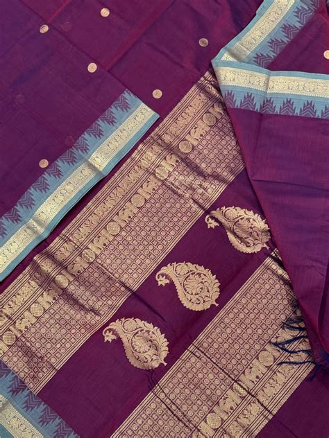 Pure Handloom Kanchi rich Cotton Saree | burgundy X teal blue | tiny b ...