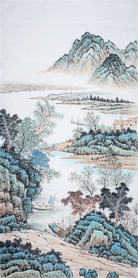 竖幅山水画，四尺整张，古风精品山水，源远流长 - 精品字画,一手货源,木微画院名家书画真迹