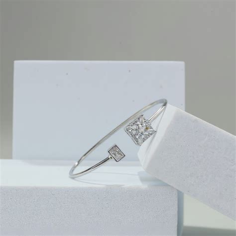 925 Sterling Silver Dual Square CZ Open Bangle Bracelet - Tavshan