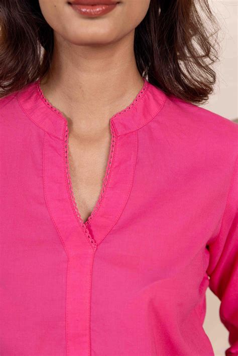 Dark Pink Casual Cotton Co-Ord Set with Lace Detail – InaayaJaipur