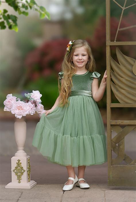 Sage green velvet and tulle flower girl dress, Boho flower girl dress ...