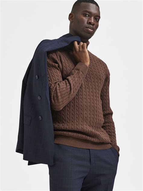 Buy Brown Cable Knit Roll Neck Pullover for Men Online