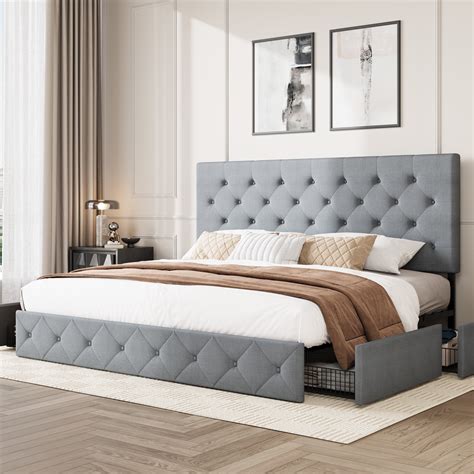 Amolife King Size Platform Bed Frame, Diamond-Stitched Upholstery, 4 ...
