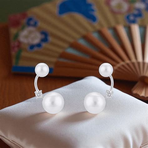 925 Sterling Silver Floating Double Pearl Solitaire Stone Earrings for ...
