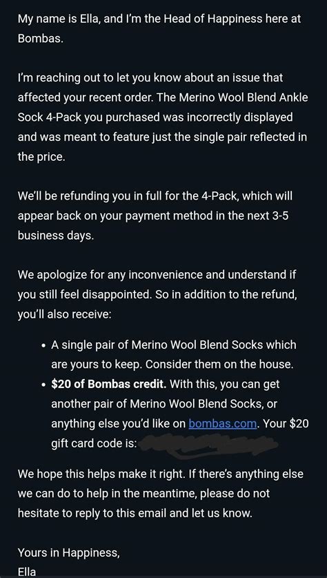 Bombas sent out email saying they're refunding everyone, letting them ...