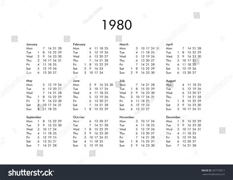 Vintage Calendar Year 1980 All Months Stock Illustration 427770511 ...