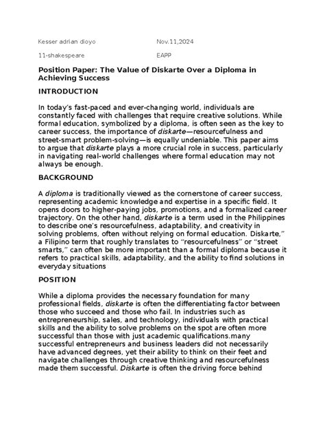 Position Paper: The Value of Diskarte vs Diploma in Success EAPP - Studocu