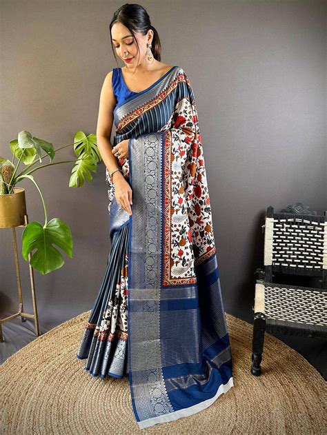 Blue Floral Peacock Fusion Saree Online Vastranand