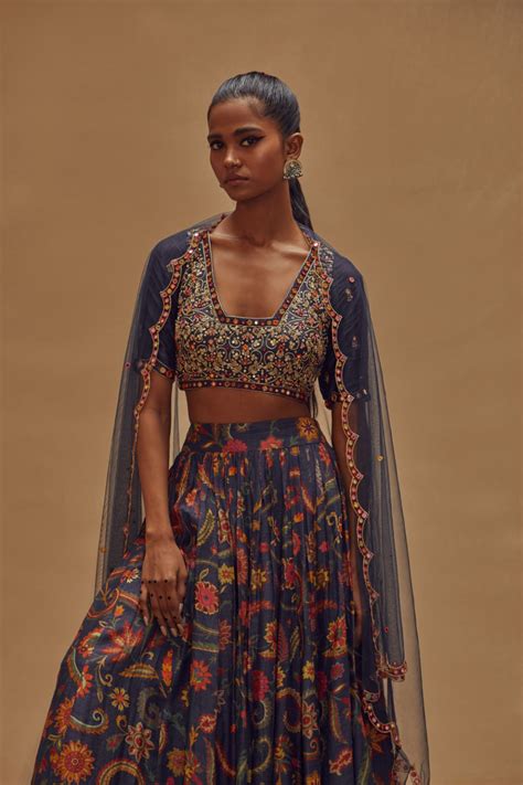 Buy Navy Gathered Lehenga Blouse Set | Drishti & Zahabia