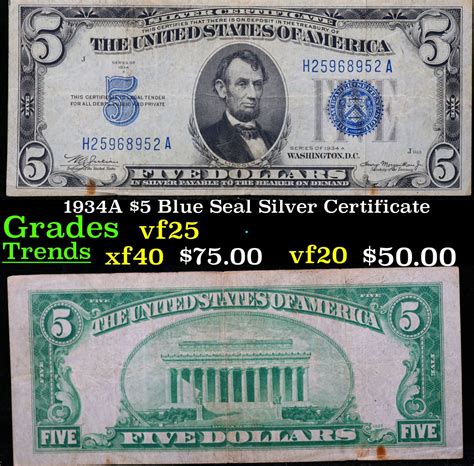 1934A $5 Blue Seal Silver Certificate Grades vf+