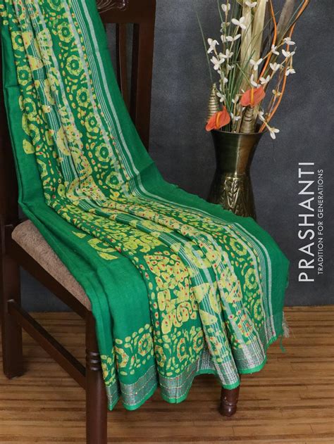 Semi linen saree green with kantha stitch work and silver zari border ...