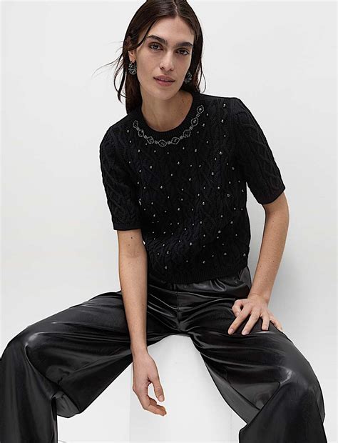 Buy Cotton Rich Embellished Slim Fit Top at Marks & Spencer