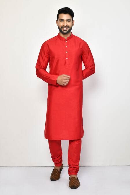 Buy Red Silk, Cotton Straight Mandarin Collar Kurta Set For Men by ...