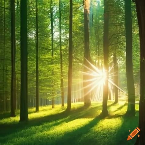 Sunlight streaming through green forest trees