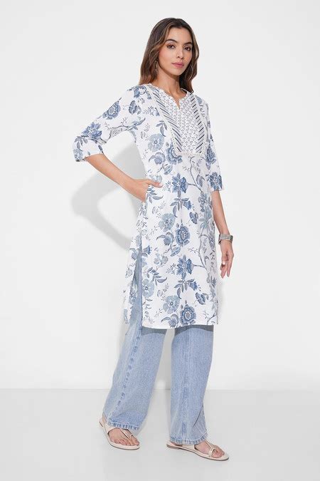 Blue Floral Print Casual Kurta - Selling Fast at Pantaloons.com