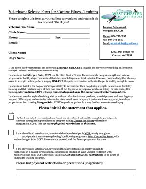 Fillable Online Veterinary Release Form for Canine Fitness Training Fax ...