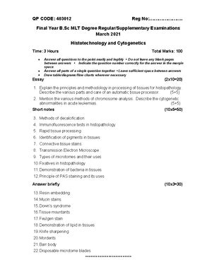 MCQ and answers(Pathology-objective type questions) - Bsc MLT - Studocu