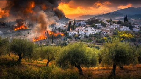 Wildfire Engulfs Landscape Near Village, Flames Consuming Vegetation ...
