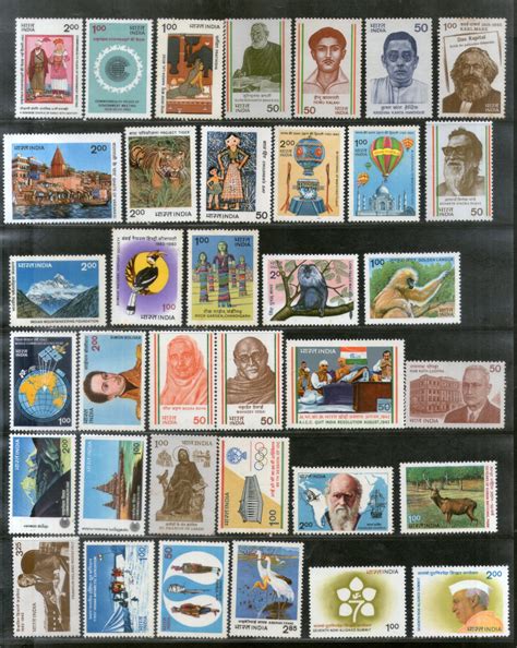 India 1983 Year Pack of 36 Stamps Bird Gandhi Nehru Tiger Wildlife Pai ...