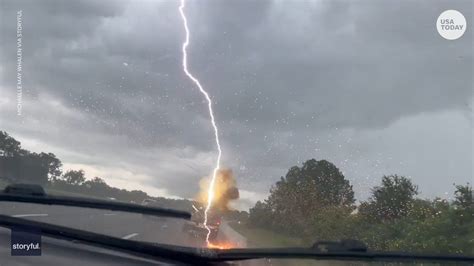 Truck hit by lightning strike on the interstate in Tampa, Florida