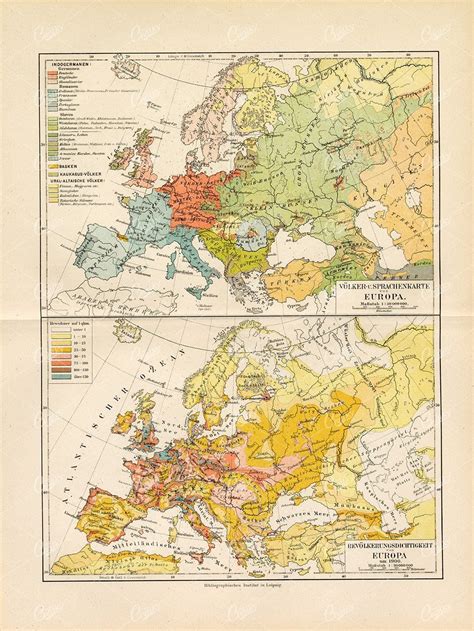 German-captioned Thematic Maps of Europe-languages and Population Density-two Stacked Panels ...