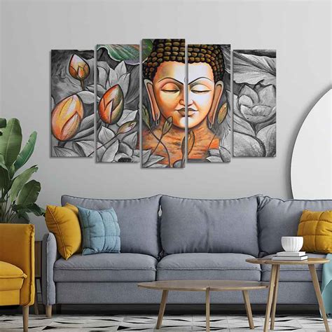 God Buddha Meditating Canvas Wall Painting Set of Five Pieces – Homcraft