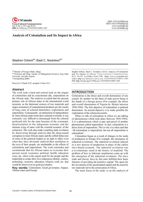 Analysis of Colonialism and Its Impact in Africa Ocheni and Nwankwo ...