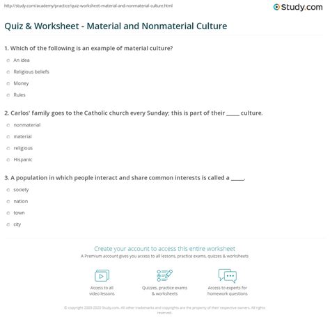 Quiz & Worksheet - Material and Nonmaterial Culture | Study.com