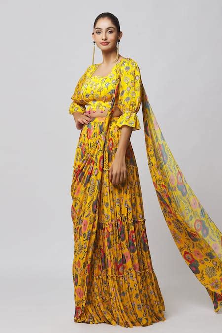Buy Yellow Georgette, Modal Tassels, Printed Pre-draped Skirt Saree ...