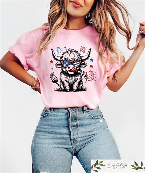 4th Of July Tshirt, Fourth Of July Highland Cow Shirt, American Mom ...
