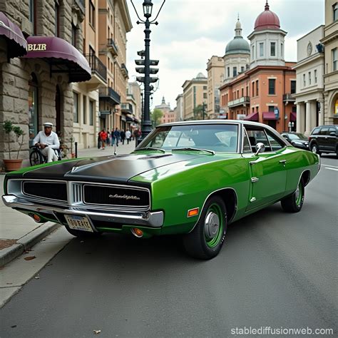 Vintage American Classic Car Green Dodge Charger | Stable Diffusion Online