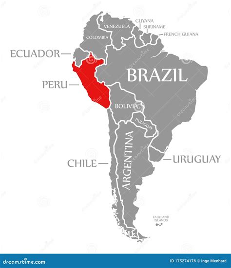 Peru Red Highlighted in Continent Map of South America Stock Illustration - Illustration of peru ...