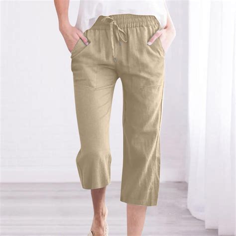 Dianli Cotton Linen Capris Pants for Women- Casual Solid with Pockets ...