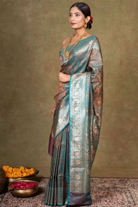 Buy Teal Blue Floral Jamewar Tanchoi Banarasi Silk Saree - House Of ...