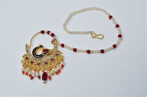 Gold plated peacock design Pink color Ethnic Nath with pearl work Chain ...