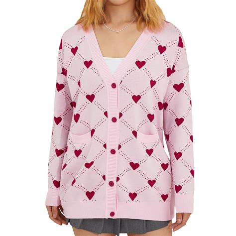 Elippeo Women Heart Print Knit Cardigan Oversized Long Sleeve V Neck ...