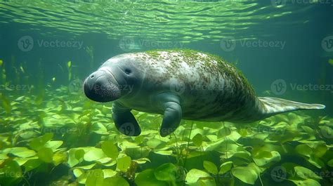 Amazonian manatee swimming lazily a quiet lagoon surrounded by floating ...