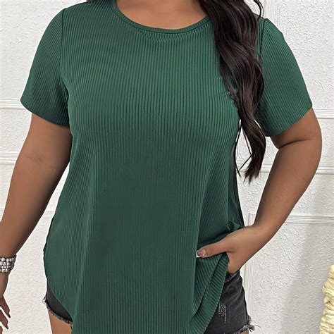 Plus Size Casual T shirt Women's Plus Solid Ribbed Short - Temu Netherlands