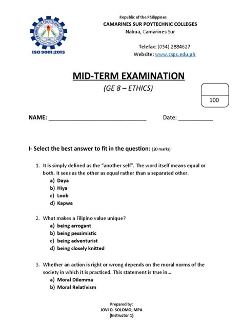 Image result for Midterm Exam Examples
