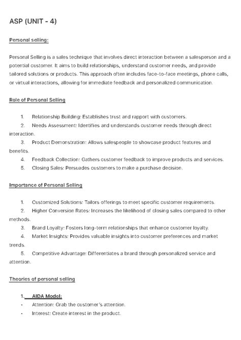 ASP (UNIT - 4) - Notes - ASP (UNIT - 4) Personal selling: Personal ...