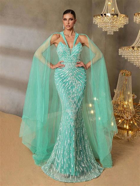 Faeriesty Faeriesty Luxury Evening Gown With Halter Neckline & Sheer ...