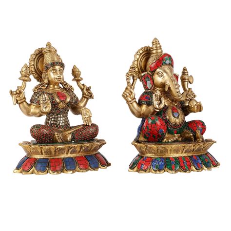 Buy Brass Divine Pair: Ganesha and Lakshmi idols on Lotus - 11 Inch ...
