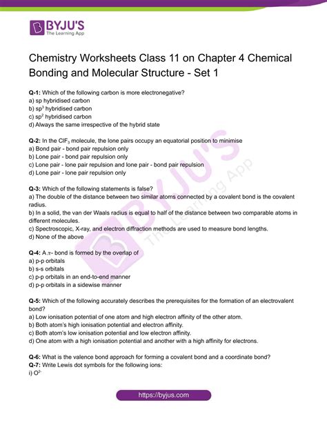 Class 11 Chemistry Worksheet on Chapter 4 Chemical Bonding and ...