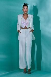 Buy White Georgette Sequins V-neck The Gleaming Lapel Collar Blazer Set ...