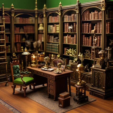 miniature scale green themed library, wooden furniture, Victorian style | Dolls house interiors ...
