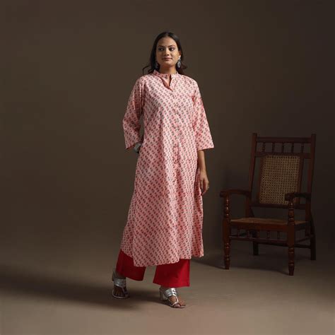 Pink Hand Block Print Cotton A-Line Sanganeri Kurta for women