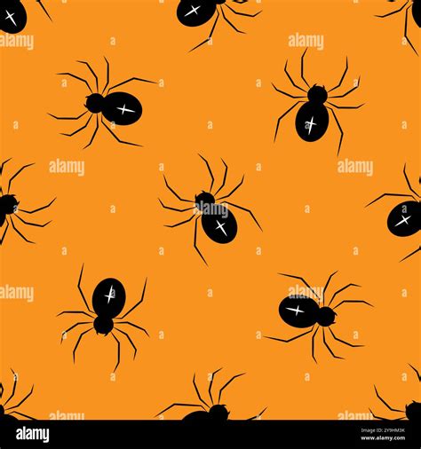 Black spiders on a orange background. Halloween seamless pattern. For backdrop, wrapping paper ...