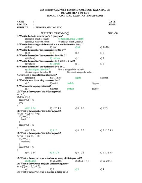 MCQ Programming in C - Practical Exam Notes (ECE 2025) - Studocu