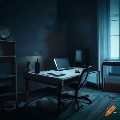 Minimalist home office setup with a bed and computer desk on Craiyon