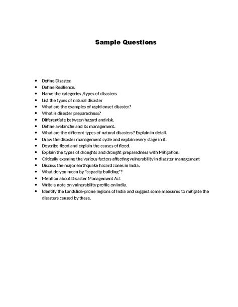 Question Bank DMBPR: Disaster Management Concepts & Preparedness - Studocu